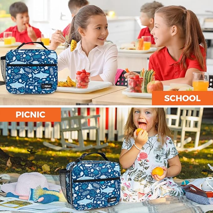 opux Insulated Lunch Bag Kids, Lunch Box for School Boy Girl, Leakproof Small Reusable Compact Soft Mini Cooler Bag, Toddler Small Lunch Boxes Kit Pail with Front Side Pockets (Blue Shark)