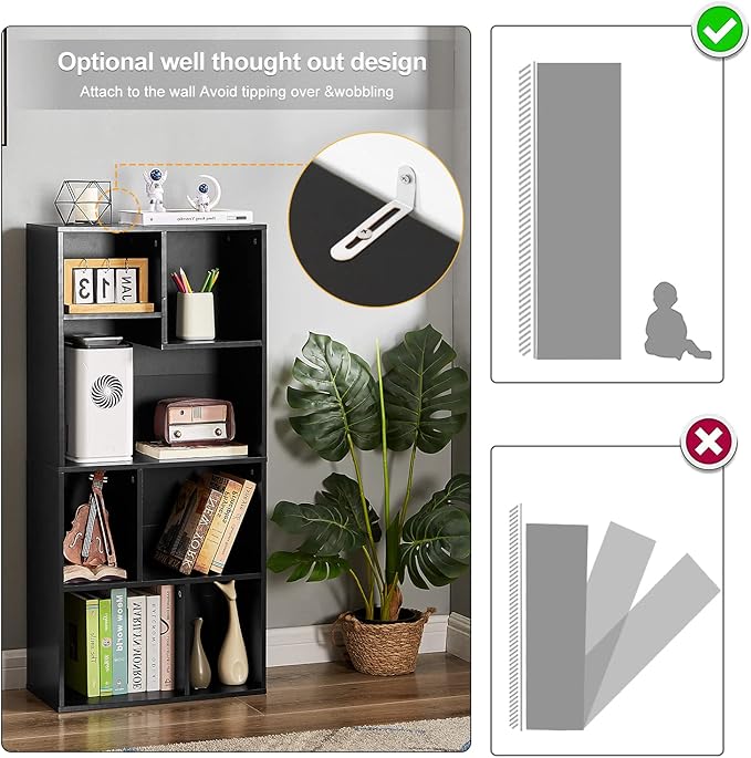 VECELO 42 Inch High Bookcase, 4-Tier Modern Storage Cabinet with Height Difference Shelves for Standard Textbooks, Floor Standing Display, 7 Cubes, Horizontal Avaiable, Easy Assembly, Black