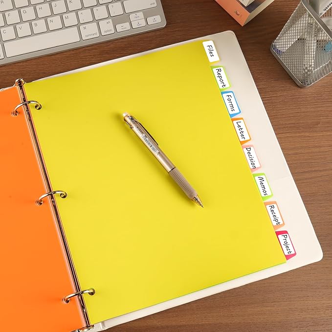 Binder Dividers with Tabs, Sturdy Plastic 3 Ring Binder with 8-Tabs, Colorful Page Protectors for School, 3 Set (24 Pcs)