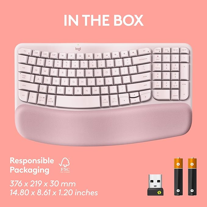Logitech Wave Keys Wireless Ergonomic Keyboard with Cushioned Palm Rest, Comfortable Natural Typing, Easy-Switch, Bluetooth, Logi Bolt Receiver, for Multi-OS, Windows/Mac - Rose
