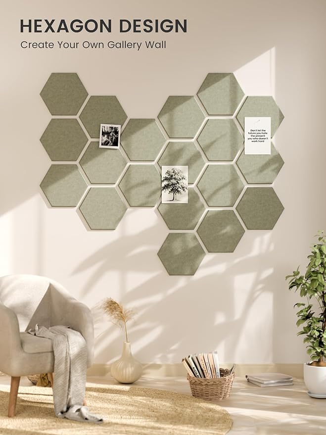 Fluxynara Hexagon Cork Board Alternative for Walls Decor-8-Pack Felt Bulletin Board Tiles,with 30 Pushpins,50 Adhesive Tabs for Office,Classrooms & Home Pin Board Felt Board-Sage