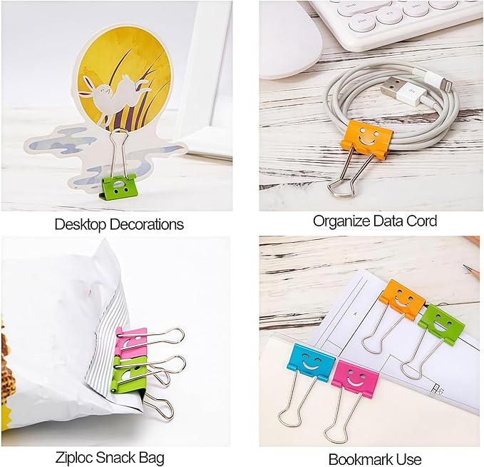 Smiling Face Binder Clips Small, 20 Pcs Colored Binder Clips Assorted Color (19mm), Cute Emoji Paper Clamps for Office, School and Home, Fun & Decorative Orange Paper Clips Gift