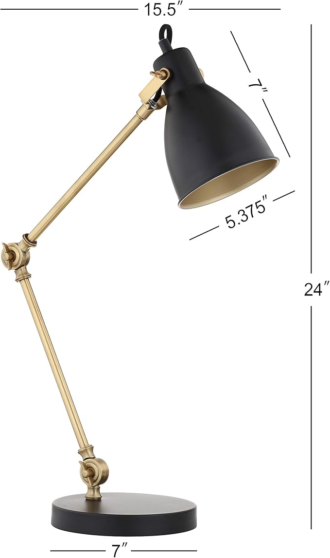 JONATHAN Y 24" Black/Brass Gold LED Metal Task Lamp, Modern Industrial Adjustable Desk Lamp for Home Office Bedroom, Silk-Wrapped Cord, UL Listed, LED Bulb Included JYL6003A