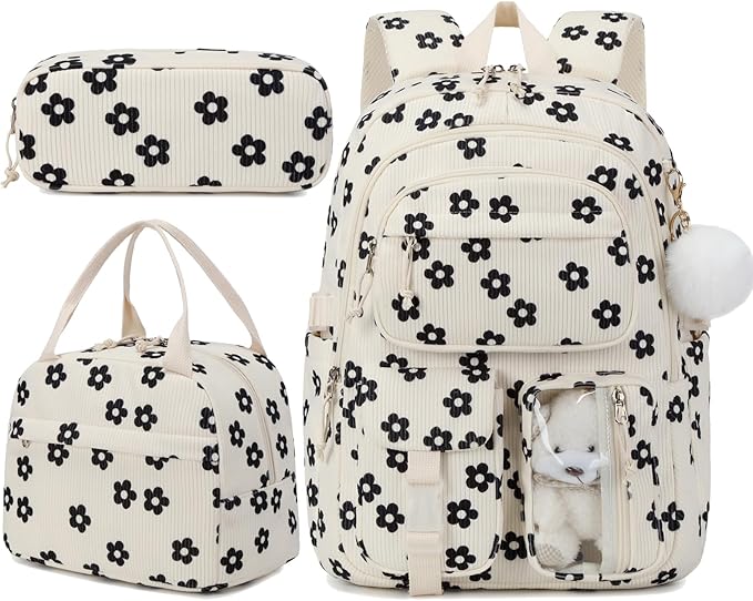 Corduroy Flower Backpack for Girls Teens School Bookbag with Lunch Box Pencil Case Laptop Sleeve Elementary Middle School Bag, Flower-Black