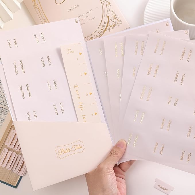 Laminated Bible Tabs, Gold Foil Embossed Lettering Bible Chapter Index Tabs for Women Men, Reposition Large Print Sticky Labels, Easy to Read and Apply, 105Chapters Labels for Easy Navigation (Creamy)