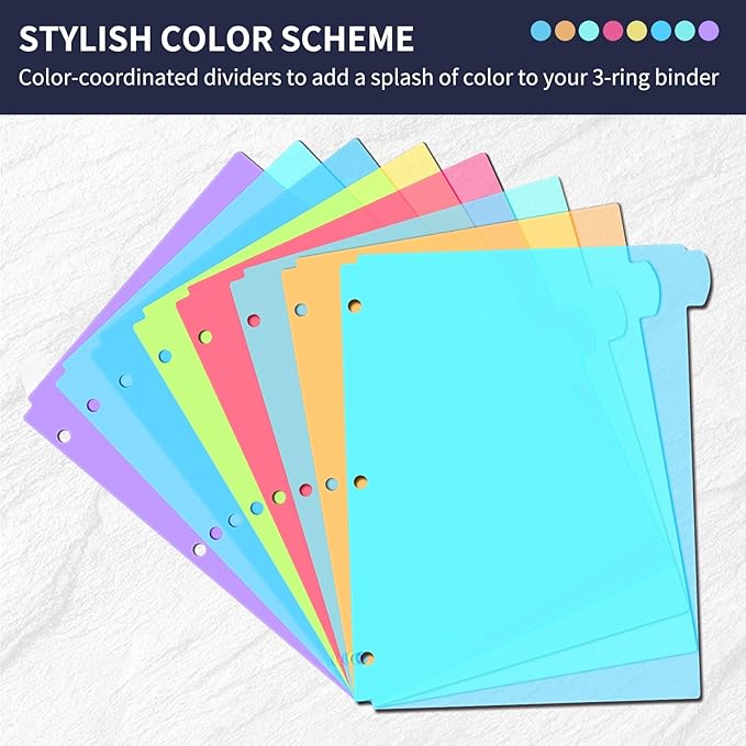 8-Tab Plastic Dividers for 3 Ring Binders, Write & Erase, Folder Dividers with Tabs for 8.5 x 11'' Letter Size Papers, Assorted Color, 2 Set