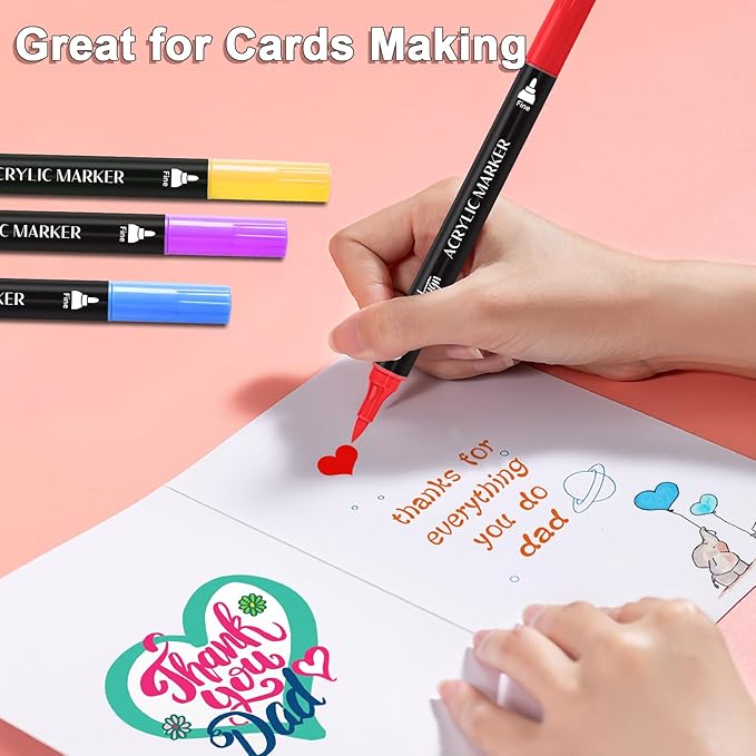 24 Colors Acrylic Paint Pens, Dual Tip Pens With Fine Tip and Brush Tip for Rock Painting, Ceramic, Wood, Plastic, Calligraphy, Scrapbooking, Card Making, DIY Crafts-Valentines Day Gifts