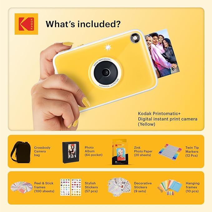 Kodak Printomatic+ Full Color Instant Print Digital Camera Gift Bundle + Case + Zink 2x3 Sticky Back Photo Paper 20pk + Album + Sticker Sets + Sticker Frames + Hanging Frames + Markers - Yewllow