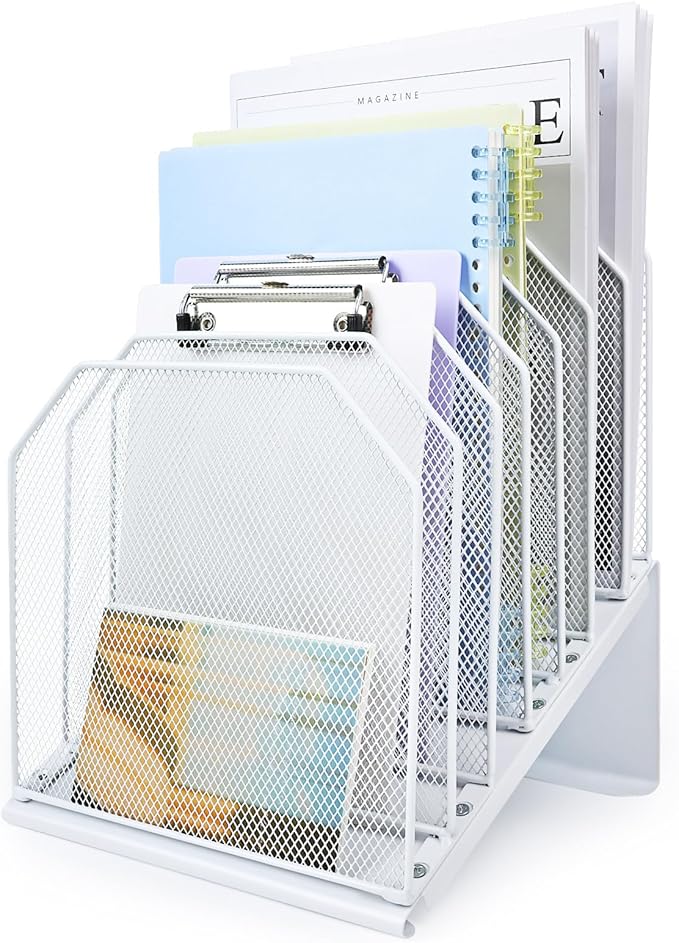 Inclined File Organizer for Desk, 7-Tier Vertical File Folder Holder Office Desk Organizer Metal Rack File Wire Mesh Desktop Document Sorter for Office School Classroom Home (White)