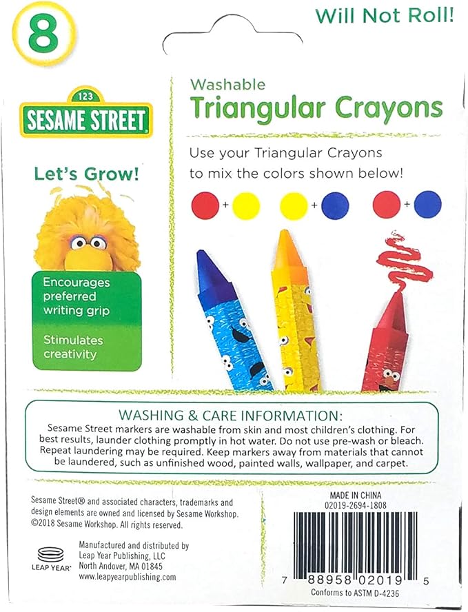 Sesame Street 8 Count Washable Triangular Crayons for Toddlers and Kids, Will Not Roll, Assorted Colors, Great for Classrooms