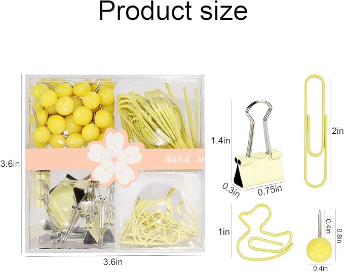 Cute Thumb Tacks Paper Clip Binder Clips Push Pins Set Assorted Size Metal Clips in Plastic Holder Decorative Desk Accessorries (Yellow)