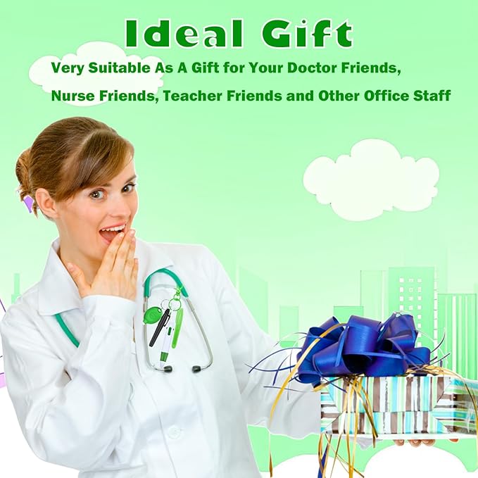 Nurse Pen Set, Badge Reel Pen Include Highlighter, Permanent Marker, LED Keychain Flashlight, Ballpoint Pen, and Nursing Keychain Clip (Green)