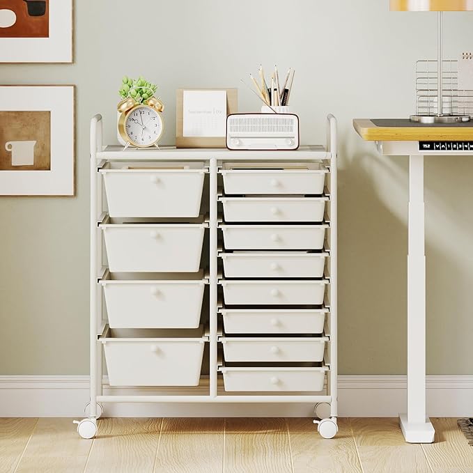 COSTWAY 12 Drawer Rolling Storage Cart, Mobile Utility Cart with Metal Frame, Art Supply Craft Organizer, Multipurpose Storage Organizer for Paper, Office, School Teacher, Classroom, White