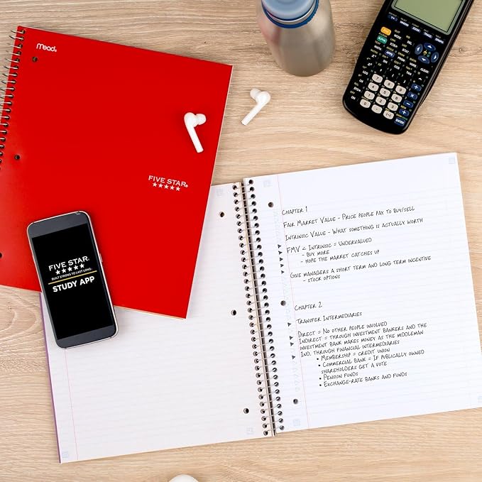 Five Star Spiral Notebook Plus Study App, 1 Subject, College Ruled Paper, 100 Sheets, 8-1/2" x 11", Fire Red (72053)