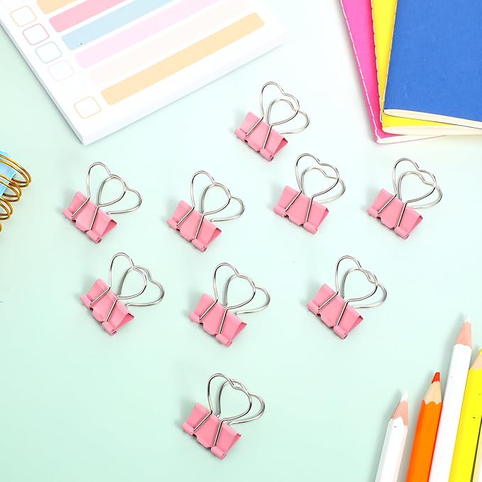 15 PCS Pink Heart Hollow Out Metal Binder Clips, Heart Shape Binder Clips Notes Letter Paper Clip for Paperwork School Home Office
