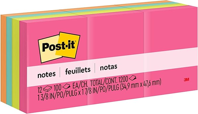 Post-it Mini Notes, 1 3/8 in. x 1 7/8 in., 12 Sticky Notes Pads, 100 Sheets per Pad, Poptimistic Collection, School Supplies and Office Products, The Original Post-it Note