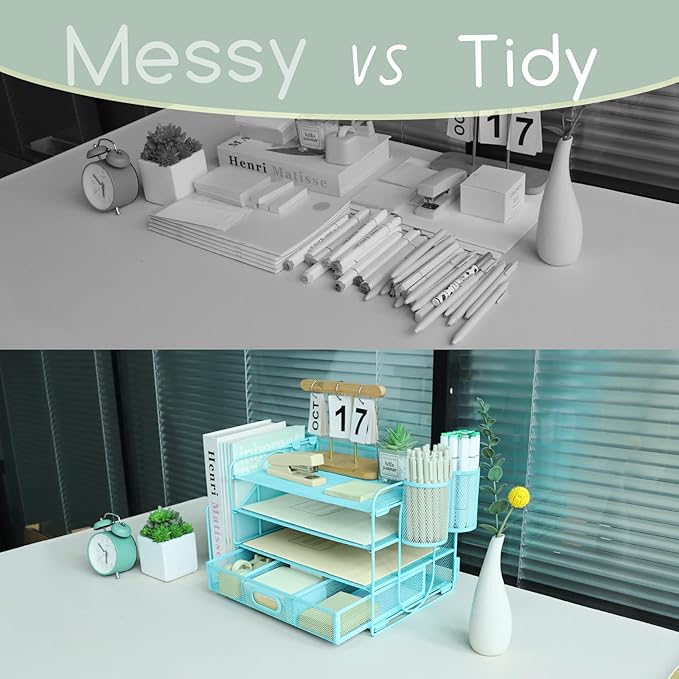 4 Tier Desk File Organiser with Extra Vertical File Sorter, Paper Letter Tray with Top Stationery Drawer Holder, A4 Paper Desktop Filing Trays, Magazine Document Holder for Home Office, Sky Blue