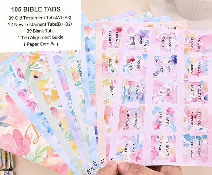 Bible Tabs for Women, 66 Large Print Laminated Bibles Chapters Index Tabs and 39 Blank Dividers Sticky Labels, Cute Beauty Bloom Bible Study Supplies, Journaling Accessories, Christian Gifts for Men