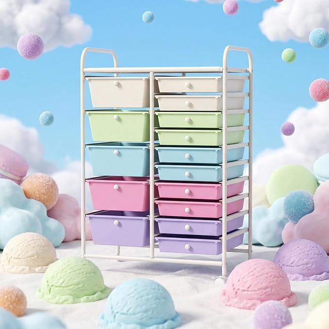 COSTWAY 15 Drawers Rolling Storage Cart, Multipurpose Utility Cart on Wheels w/Lockable Wheels & Removable Drawers, Mobile Tools Scrapbook Paper Organizer for Office School Home, Ice Cream Colorful