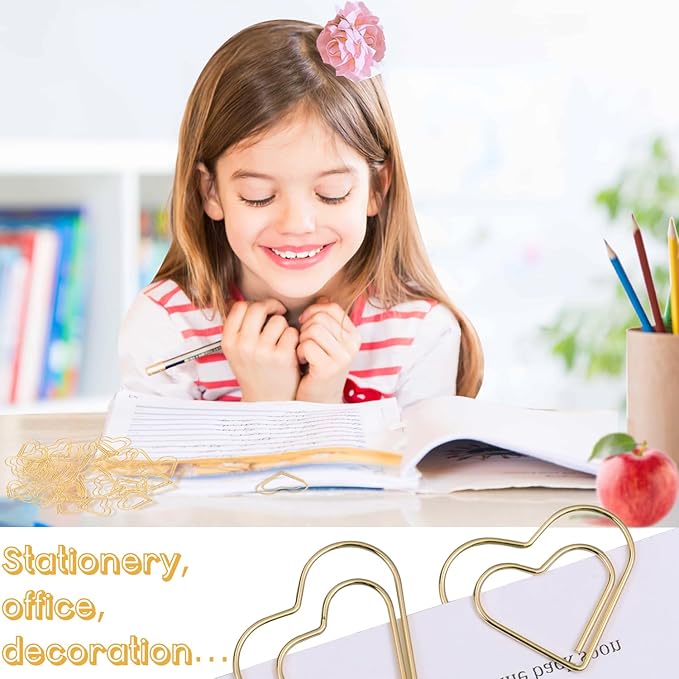 Cute Metal Heart Paper Clips: Love Shape Gold Binder Paperclips Mini Bookmark 100Pcs Document Note Sorting Organizer for Wedding Decorative Office Supplies