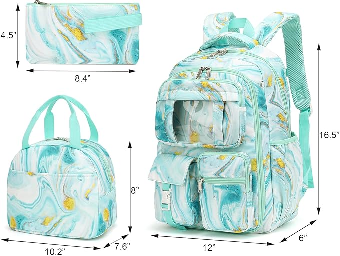 Girls School Backpack Set - Teens Kids School Bag Bookbag with Lunch Box Pencil Case for Elementary Middle School (Turquoise Marble)