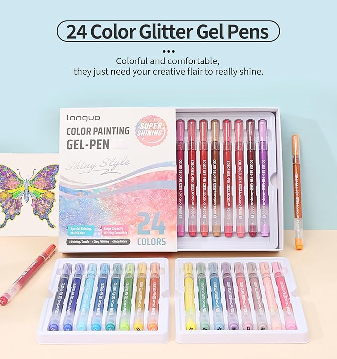 Glitter Gel Pens, 24 Pack Glitter Pens For Adults Coloring Books, 1.0mm Point Colored Pens, Large Capacity Ink Pens for Coloring, Writing, Drawing, Journaling, Note Taking, Office, Home