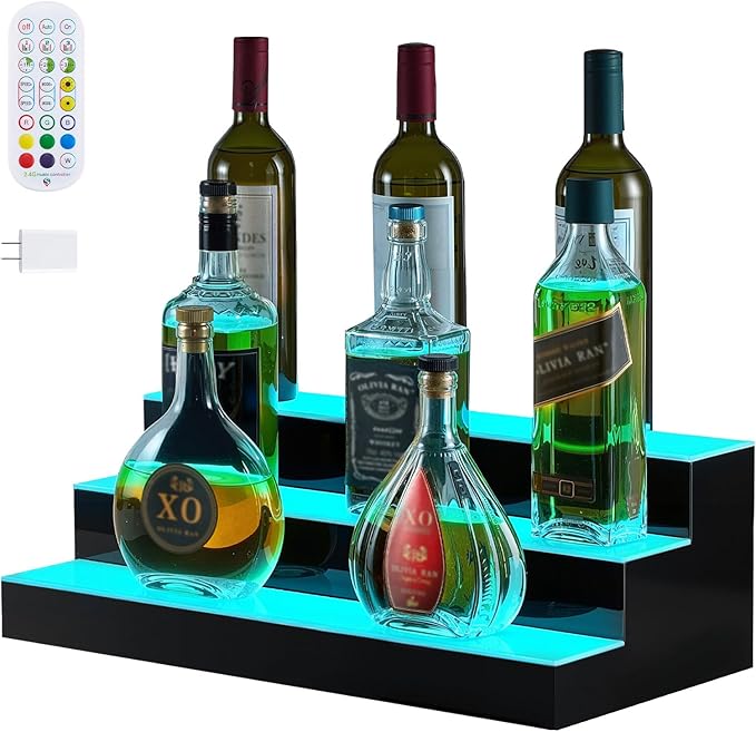 VEVOR LED Lighted Liquor Bottle Display, 3 Tiers 20 Inches Whiskey Rack, Supports USB, Illuminated Home Bar Shelf with RF Remote & App Control, 9 Static Colors, Acrylic Lighted Shelf for 15 Bottles