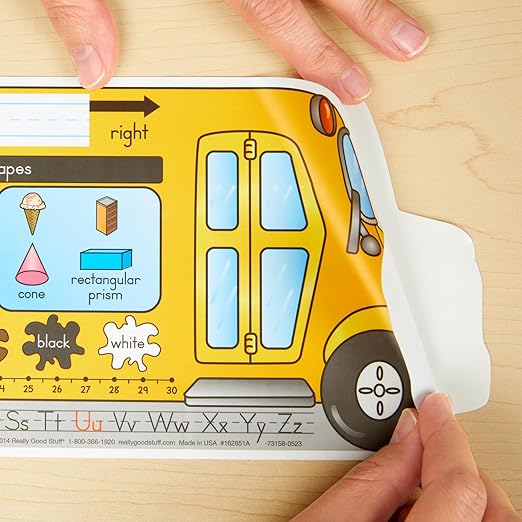 Really Good Stuff 24PK Zaner-Bloser Bus Shaped Self-Adhesive Vinyl Desktop Reference Nameplate with Alphabet, Numbers, 2-D 3-D Shapes, Colors, Left Right Directions, Number Line, 120-Grid