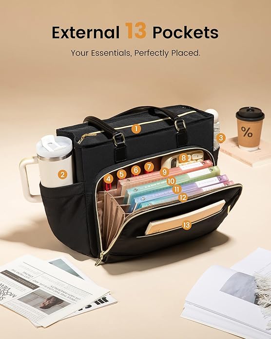 LOVEVOOK Teacher Tote Bag, Laptop Bag for Women with Large Cup Holder & Accordion File Area, Work Tote Bag for Business