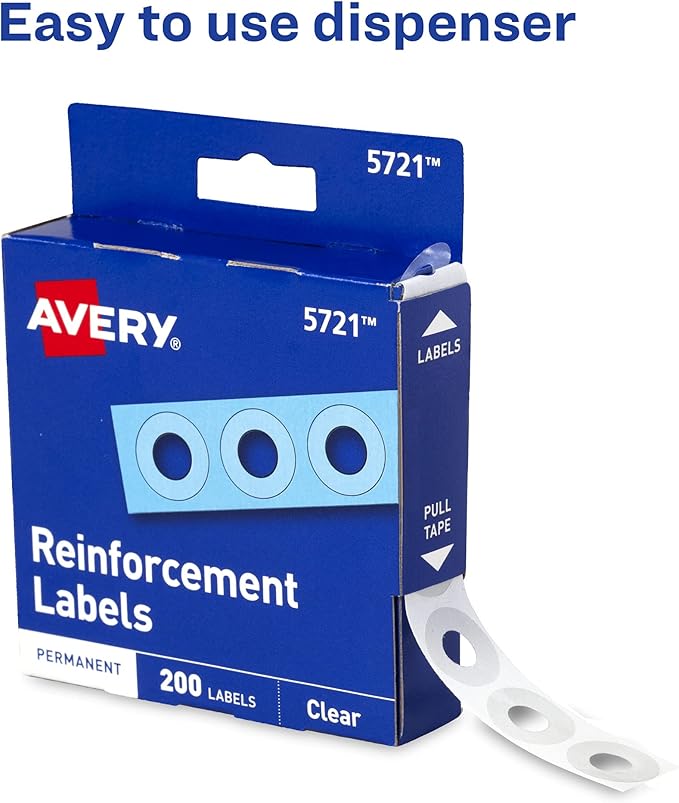 Avery Self-Adhesive Hole Reinforcement Stickers, 1/4" Diameter Hole Punch Reinforcement Labels, Clear, Non-Printable, 200 Labels Total (5721)