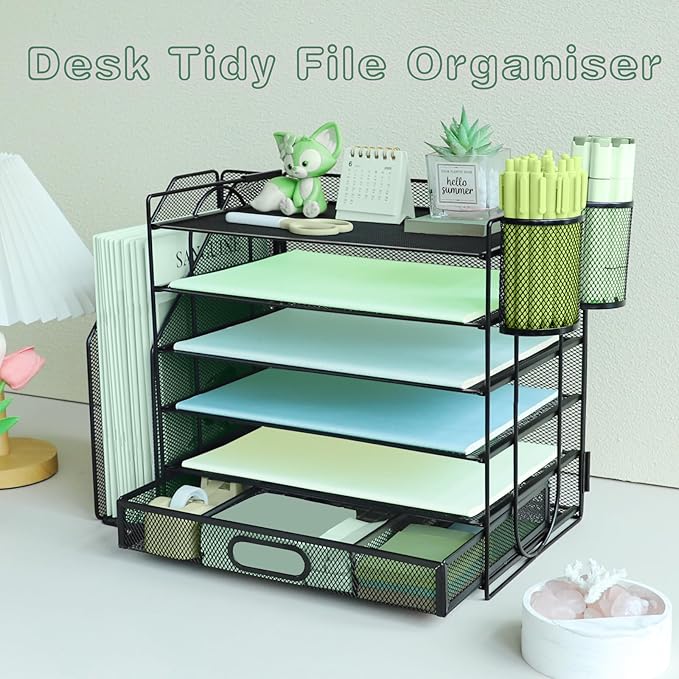 6 Tier Desk File Organiser with Extra Vertical File Sorter, Paper Letter Tray with Top Stationery Drawer Holder, A4 Paper Desktop Filing Trays, Magazine Document Holder for Home Office, Black