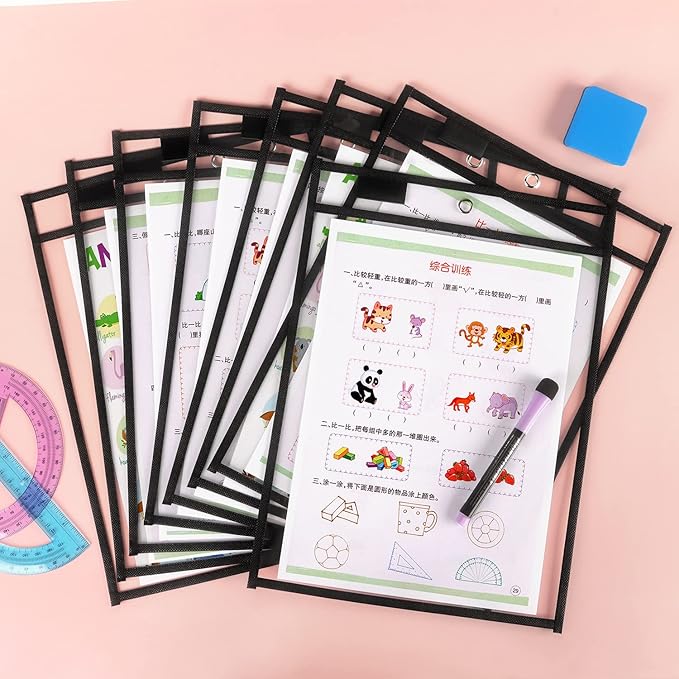 Tamaki 8 Pack Dry Erase Pockets Sleeves with Rings, 10 x 14 Inch Ticket Holders Clear Plastic Sheet Protectors for Teacher Classroom Supplies, Black