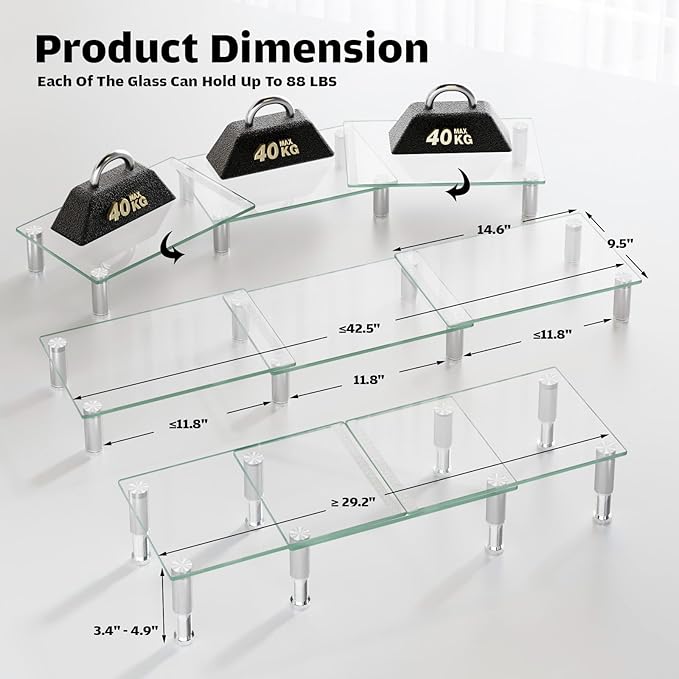 Hemudu Dual Monitor Stand -Adjustable Length and Angle Dual Monitor Riser, Desktop Organizer for PC, Computer, Laptop (Clear)