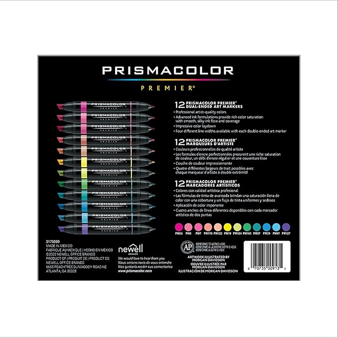 Prismacolor Premier Dual-Ended Art Markers, Chisel and Fine Tips, Hyper Bright Colors, 12 Count - Art Supplies, Alcohol-Based Ink, Creative, Artist, Adult Coloring