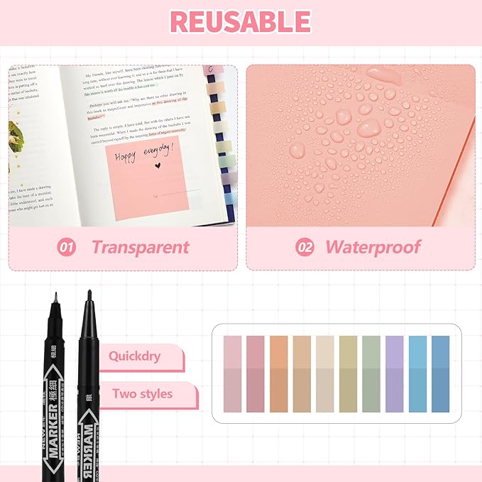 Jutom 39 Pcs Aesthetic Book Annotation Kit Highlighter with Pencil Case Bag Gel Pen Transparent Sticky Note Taking Bible Study College School Supplies(Pink,Classic Style)
