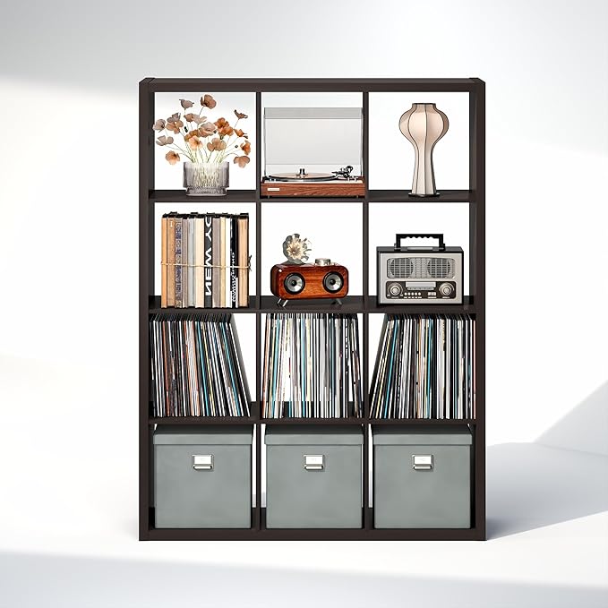 Furinno Cubicle Record Player Stand with Vinyl Storage, 12-Cube 1.2 Extra Thick Vinyl Record Storage, Open Back Media Shelf for CD DVD Blueray Game Disc, for Living Room, Home Office, Black Dark Oak