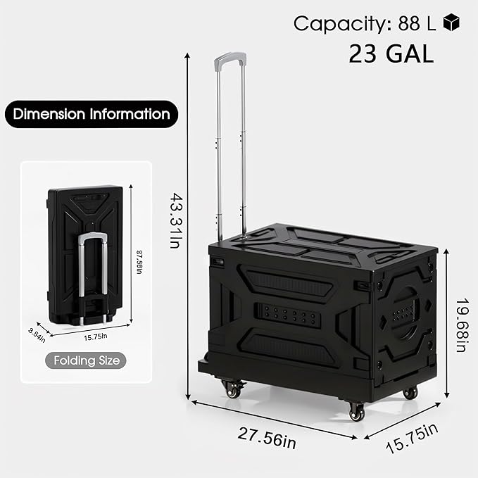 VECELO 23 GAL Large Capacity Foldable Utility Cart with Wheels - Heavy Duty Collapsible Rolling Cart for Shopping, Travel, Office & Home - Portable Luggage Cart with Telescoping Handle, Black