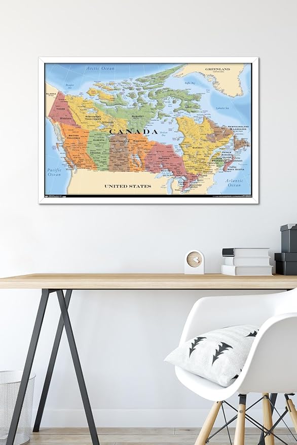 Map - Canada Wall Poster, 34L" x 22.4W", White Framed Version