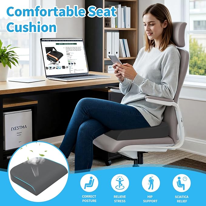 Large Seat Cushion,Soft Foam Cushion for Long Sitting Hours on Office Chair, Home & Car, Non-Slip Chair Pad for Relieving Back & Sciatica & Hip & Coccyx Pain (Grey)