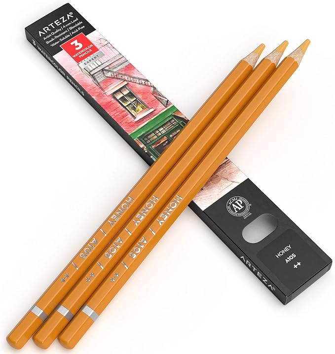 Arteza Professional Watercolor Pencils, Pack of 3, A105 Honey, Water-Soluble Pencils for Coloring, Blending, Layering & Watercolor Techniques