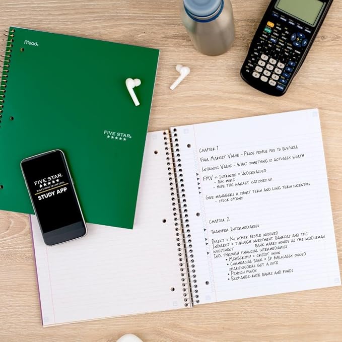 Five Star Spiral Notebook Plus Study App, 1 Subject, College Ruled Paper, 100 Sheets, 8-1/2" x 11", Forest Green (72055)