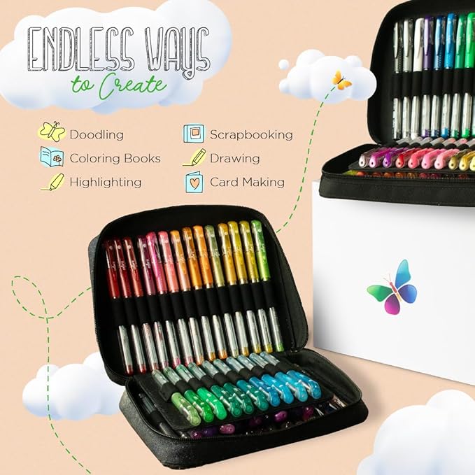 ColorIt Glitter Gel Pens for Coloring – 96 Pack with 48 Premium Glitter Gel Pens & 48 Refills with 1 Travel Case - Vibrant Colors for Journaling, Writing, Adult Coloring Books, and Creative Projects