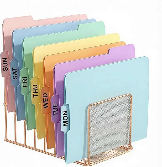 Simmer Stone 2 Pcs Incline File Sorter, 7 Slot Magazine Holder for Letter, Document, Folder and Book, Metal Desktop Organizer Rack for Home, School and Office (2-rose gold)