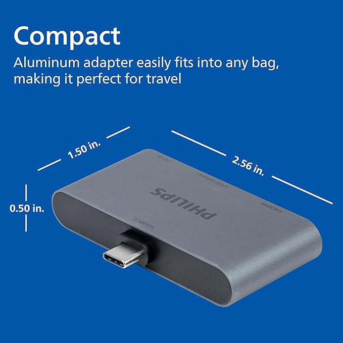Philips USB-C Multiport Hub, with 4K HDMI Display, 10bps and 2 5Gbps USB-A Data Ports, 100 Watt Power delivery, Multi Device Connector, for Phone, Tablet or Laptop, Gray/Silver, SWL3303M/37