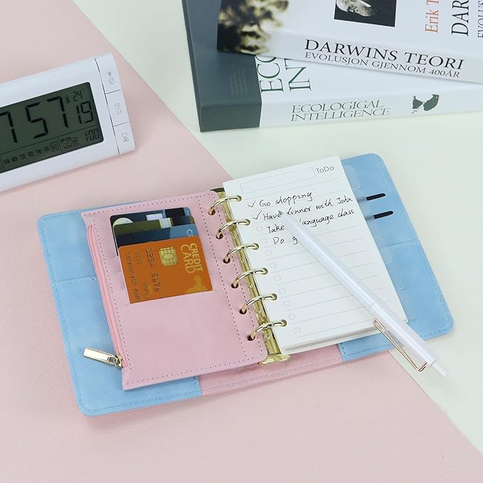 A7 Binder Refillable Planner Notebook 6 Ring, Portable Leather Organizer with Zippered Pocket, To-Do & Blank Refill Papers, Dividers, Monthly Sticker, Pen, for Students, Professionals, Travel (Sky Blue & Pink)