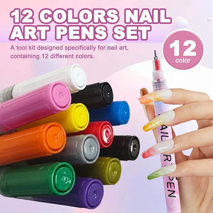 Nail Art Pens Set, 12 Color 0.5 MM Nail Art Markers Nail Polish Pens Drawing Painting Point Liner Painted Kit, Waterproof and Quick-drying Nail for DIY Design Manicure Tools