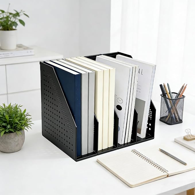 SAYEEC Collapsible Magazine Holder Plastic Desktop 4 Compartment File Rack Magazine Organizer Vertical File Divider Sorter Storage Document Organizer for Office Home School Black