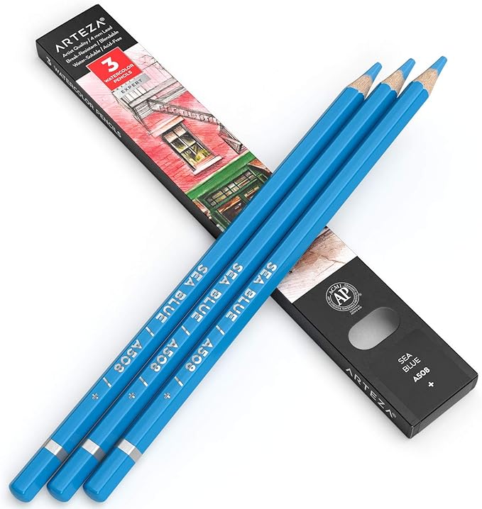 Arteza Professional Watercolor Pencils, Pack of 3, A508 Sea Blue, Water-Soluble Pencils for Coloring, Blending, Layering & Watercolor Techniques