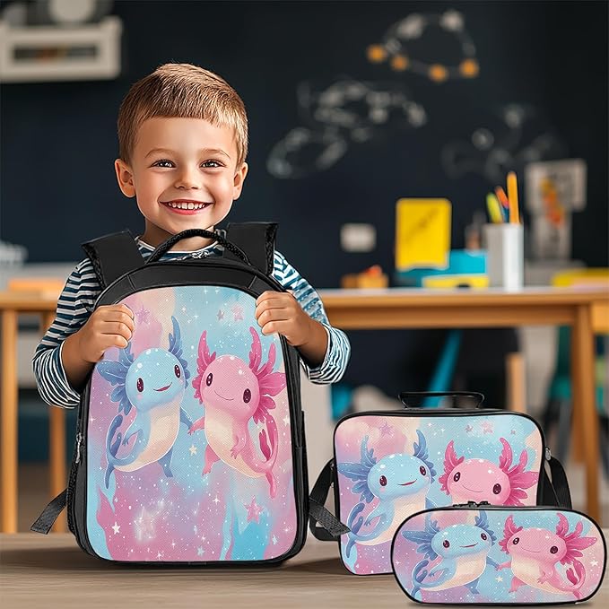 Cute Axolotl Backpack Set 3 Piece School Bags and Lunch Box with Pencil Case Pink Blue Axolotl Bookbag Set for Toddler Kids Girls Boys Teens Kindergarten Elementary Middle