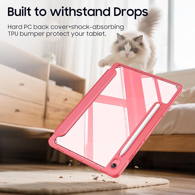Fintie Hybrid Slim Case for Samsung Galaxy Tab S10 Lite/ S10 FE/ S9 FE 10.9 Inch/Tab S9 11 Inch with S Pen Holder, Shockproof Cover with Clear Transparent Back Shell, Auto Wake/Sleep, Watermelon Red